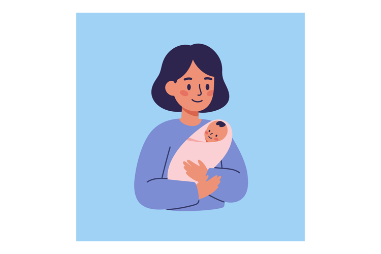 Loving mother holding her wrapped newborn in a flat, colorfu