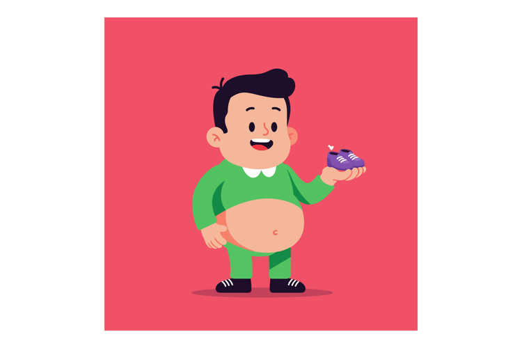 Happy chubby boy in green outfit holding purple cupcake in f