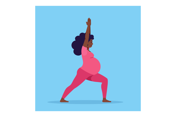 Pregnant woman practicing yoga in a pink outfit with a seren
