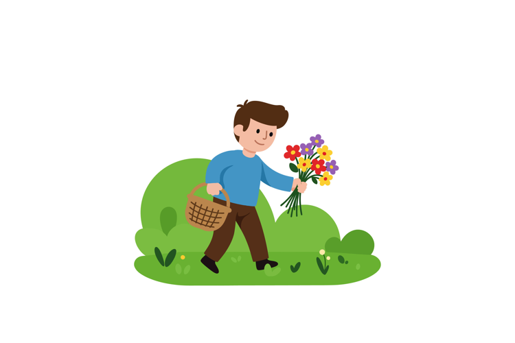 Young boy happily collecting colorful flowers in a lush gree
