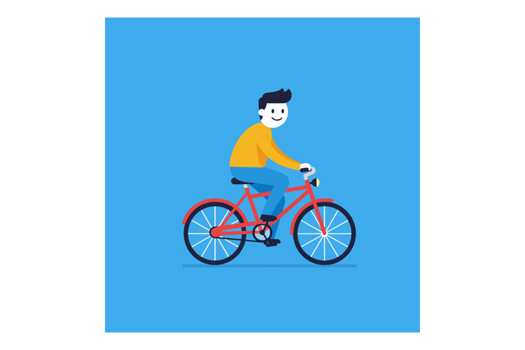 Cheerful young man riding a red bicycle in a flat style vect