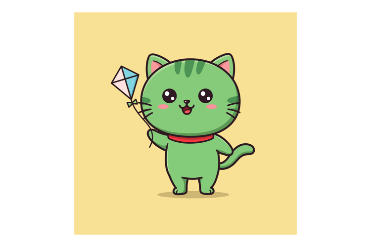 Cute green cat character holding a colorful kite in a playfu