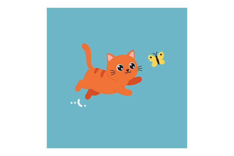 Playful orange cat chasing a butterfly in a flat vector illu
