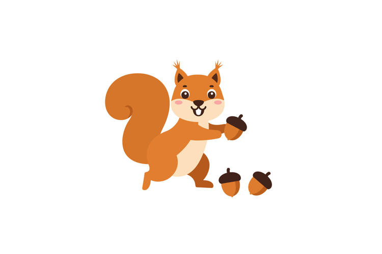 Happy squirrel holding acorns in a playful pose, flat design