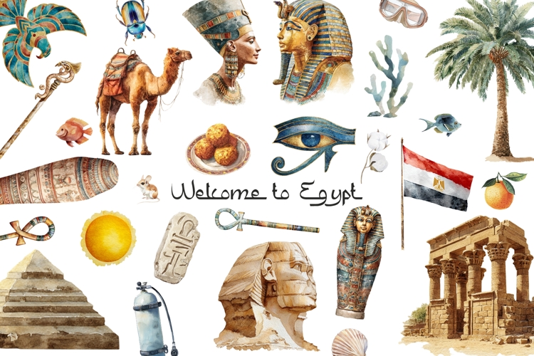 Watercolor Egypt clipart. Egyptian elements set 60 PNG