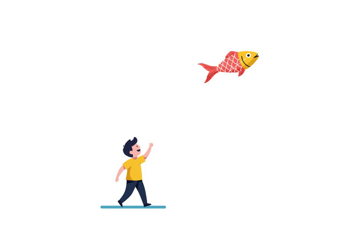 A young boy reaching for a flying fish in a playful flat vec