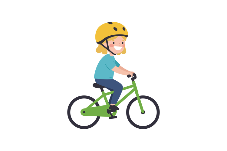 Happy child riding a green bicycle in a flat design style ve