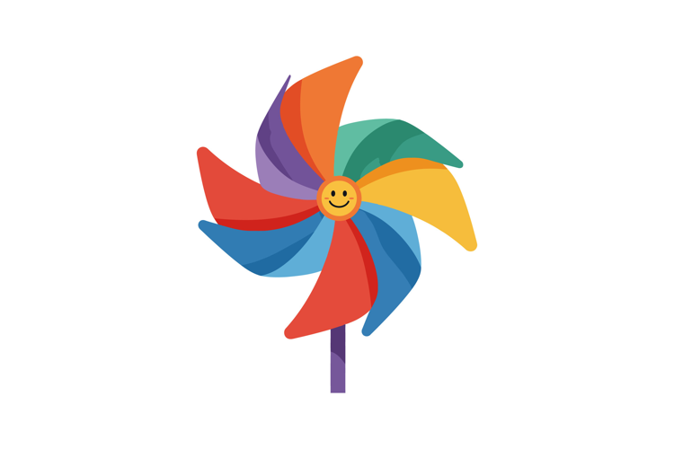 Colorful pinwheel with a smiling face in a flat vector illus