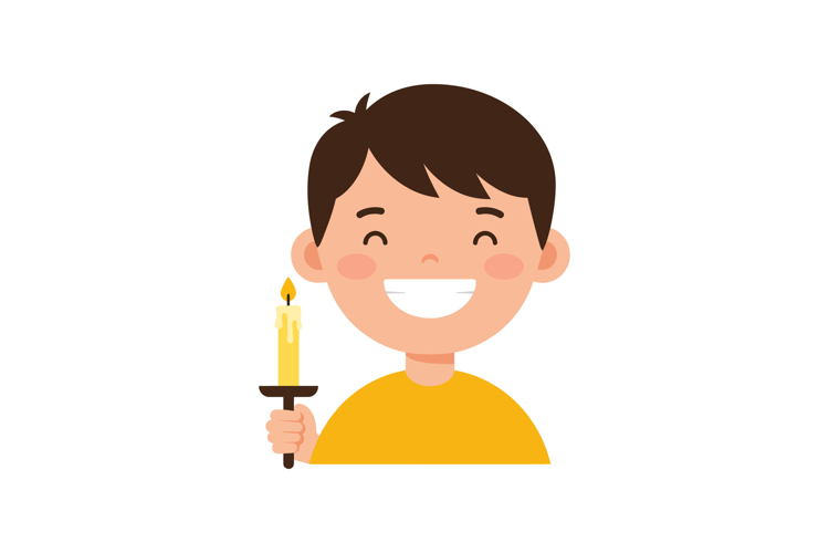 Happy boy holding a lit candle in a cheerful, flat design st
