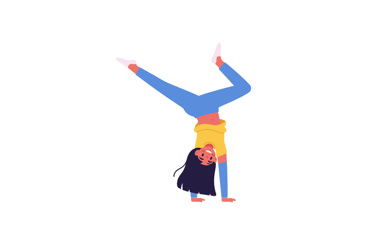 Young girl performing a handstand in bright casual clothing,