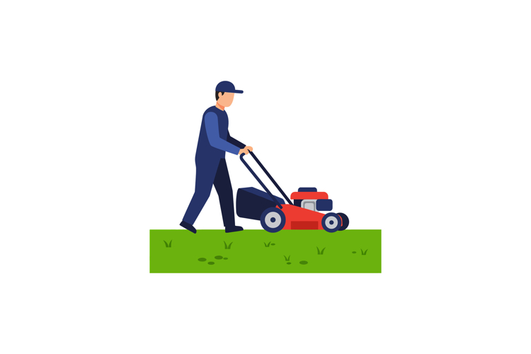 Man mowing a green lawn with a red lawnmower in a flat vecto