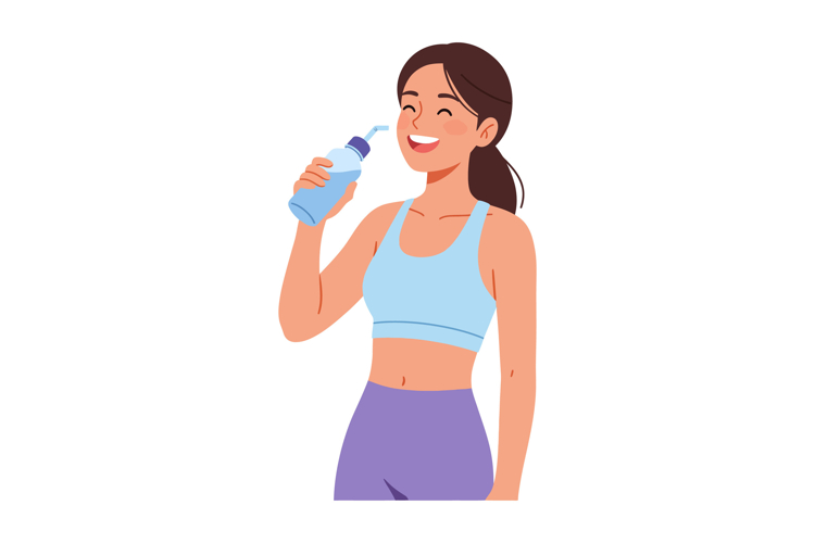 Cheerful woman drinking water in activewear style flat vecto