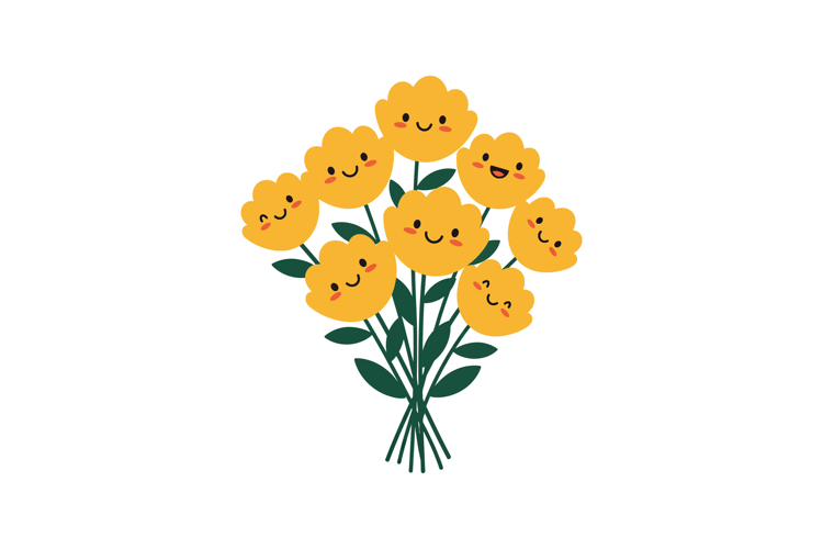 Cheerful yellow flowers with smiling faces in a playful, min
