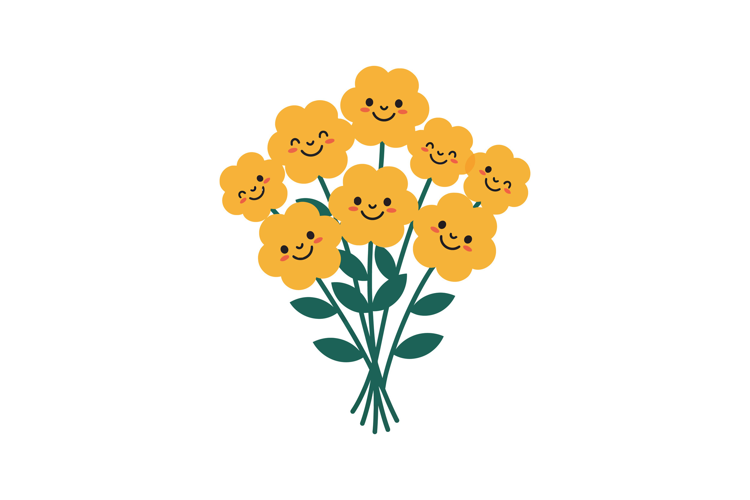 Bright yellow smiling flowers in a cheerful bouquet, flat ve