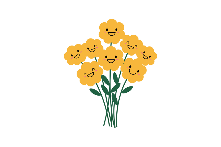 Happy yellow flowers with smiling faces in a cheerful flat d