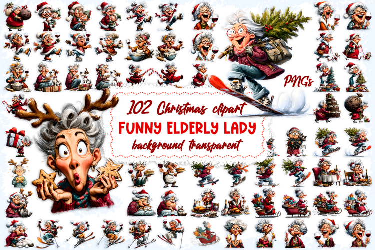 Christmas elderly old lady clipart bundle Humor Funny woman