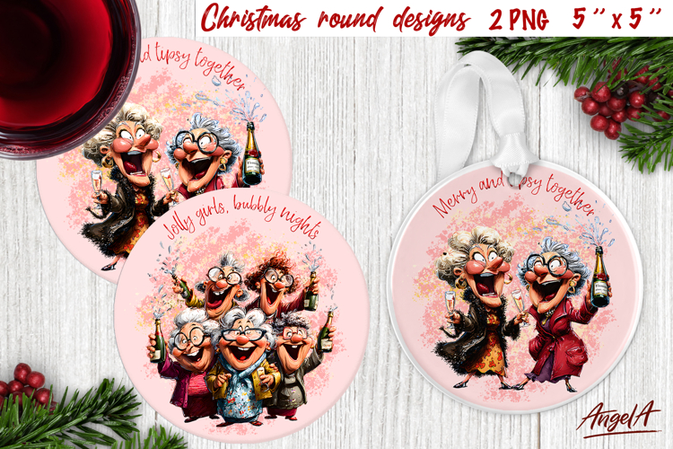 Christmas wine round coaster Elderly lady and best friends