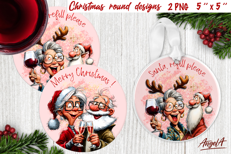 Christmas wine round coaster Elderly lady and Santa Humor