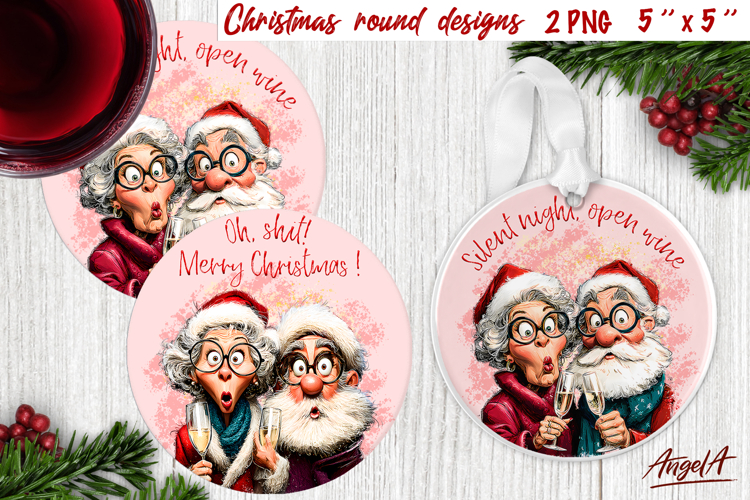 Christmas round coaster Humor adult Elderly lady and Santa