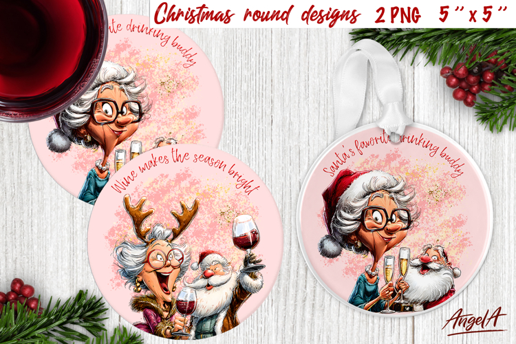 Christmas round coaster Humor adult lady and Santa drinking