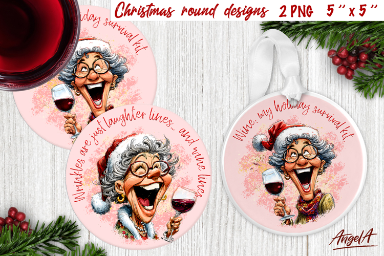 Christmas round coaster sublimation Laughing lady with wine