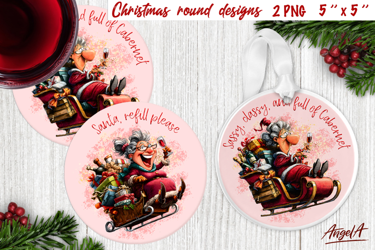 Christmas round coaster sublimation Old lady in Santa sleigh
