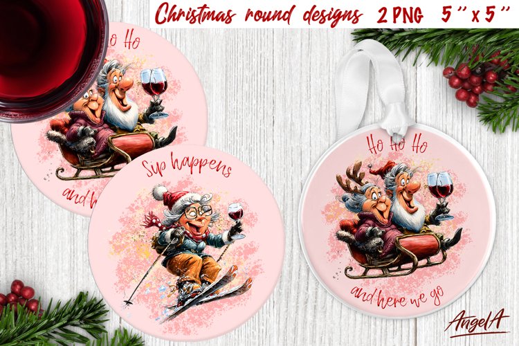 Christmas round coaster sublimation Old lady with wineglass