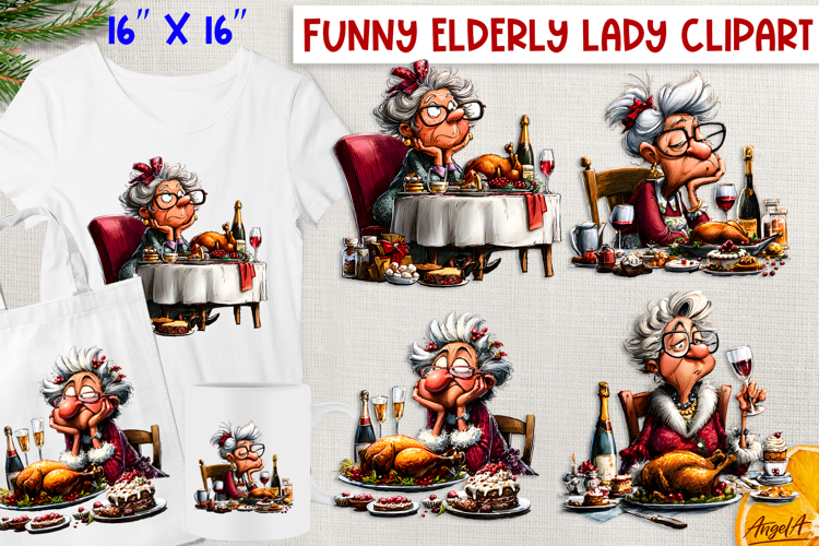 Christmas clipart Funny elderly old lady drinking wine PNG