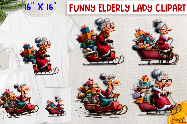 Christmas clipart Funny elderly old lady in Santas sleigh