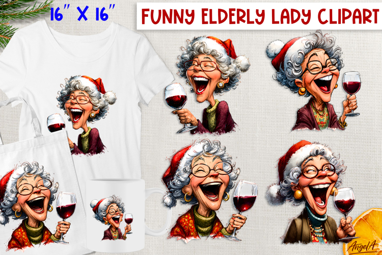 Funny elderly old lady drinking red wine Christmas clipart