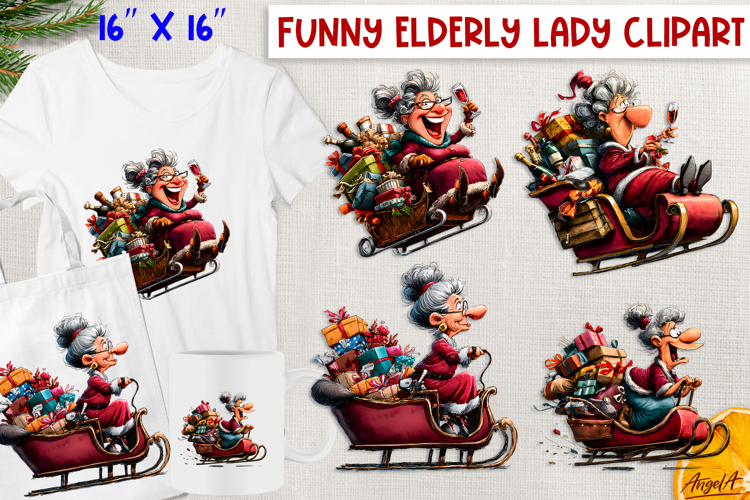Humor old lady Santas sleigh Funny Christmas clipart PNG