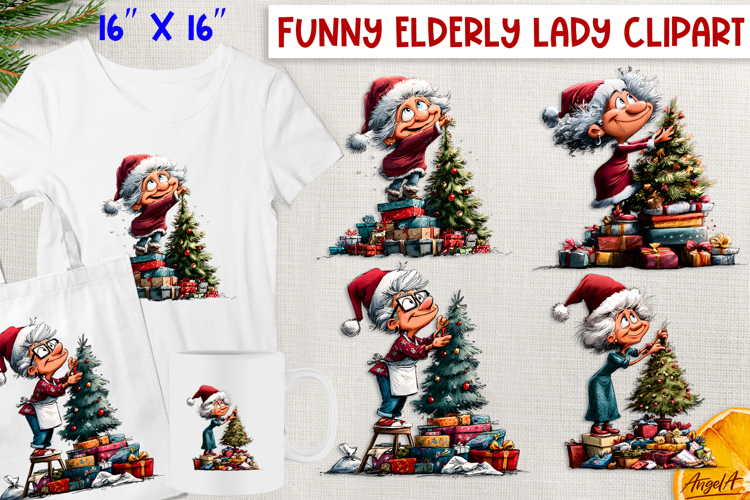 Cute elderly old lady with Christmas tree clipart PNG