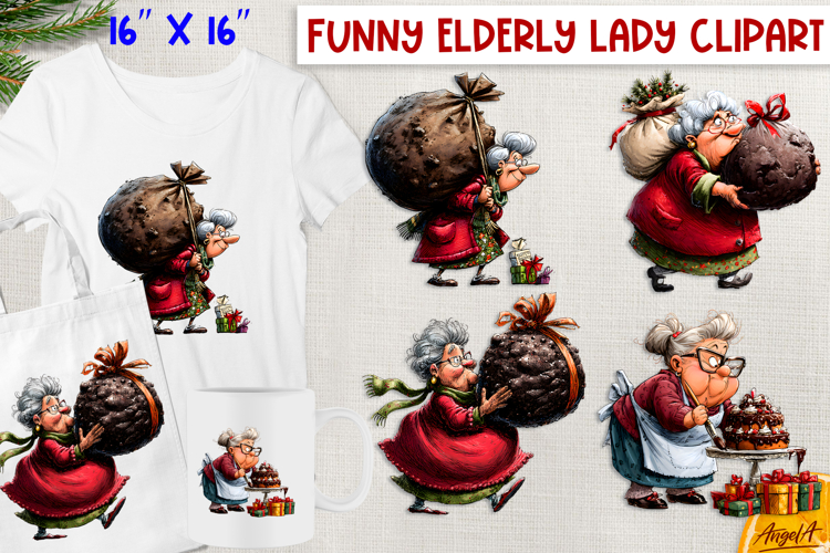 Funny elderly old lady with cake Cute Christmas clipart PNG