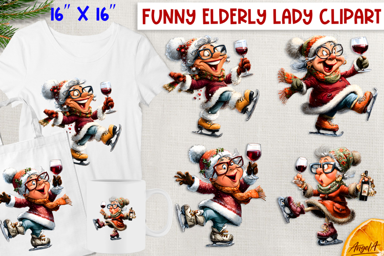 Funny old lady ice skating with wine Christmas clipart PNG