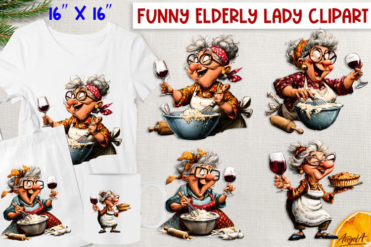 Funny elderly old lady with wine cooking clipart PNG
