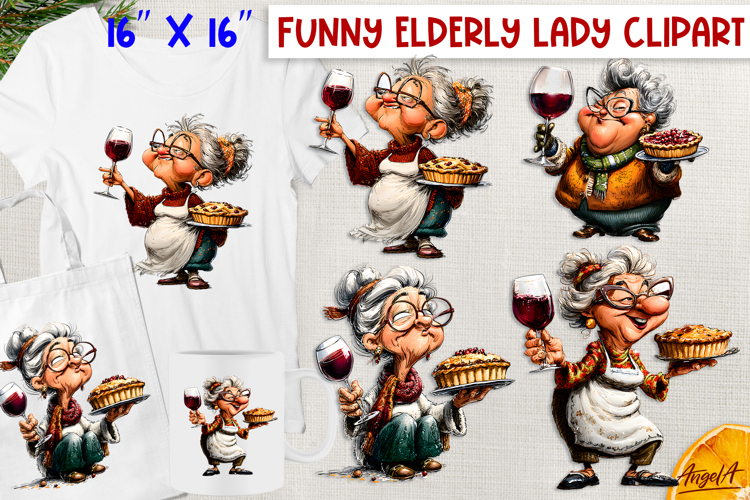Christmas clipart Funny elderly old lady drinking wine PNG