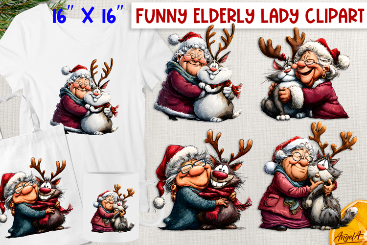 Christmas clipart Funny elderly old lady with cat PNG