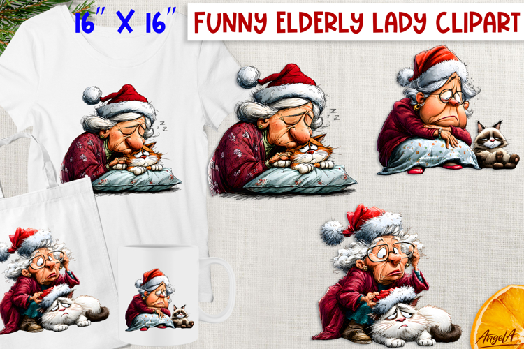 Christmas clipart Funny elderly old lady with cat PNG