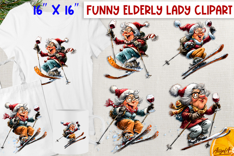 Christmas clipart Funny elderly old lady skier clipart PNG