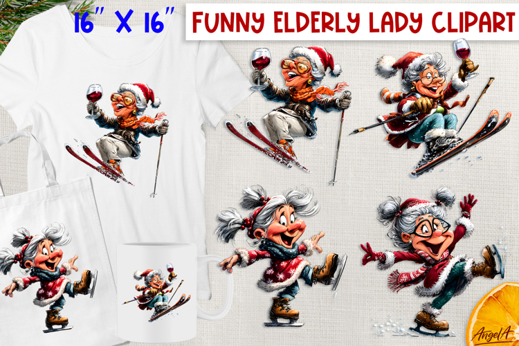 Christmas clipart Funny elderly old lady skier ice skating
