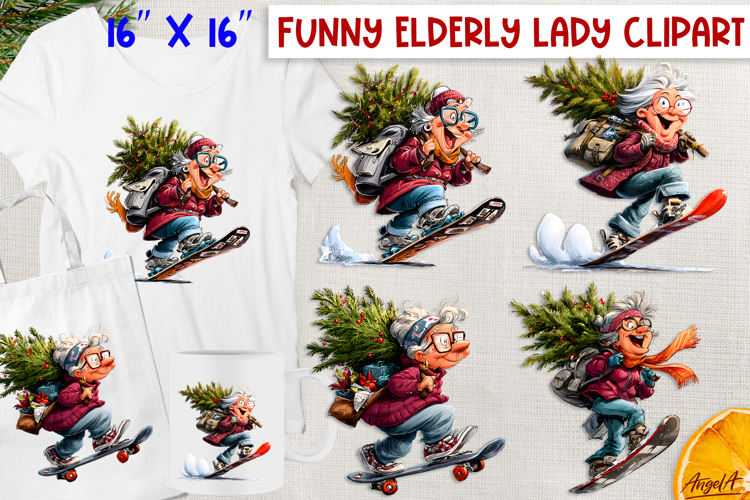 Christmas clipart Funny elderly old lady snowboarding PNG