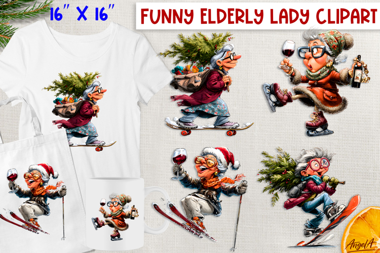 Christmas clipart Funny elderly old lady with wineglass PNG