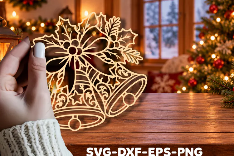Elegant Christmas Bell & Holly Laser Cut