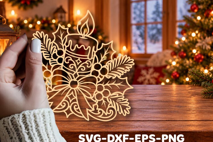 Elegant Christmas Candle & Holly Laser Cut example image 1