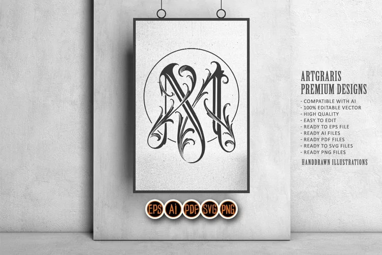 Elegant flourish vintage lettering M monogram logo monochrom