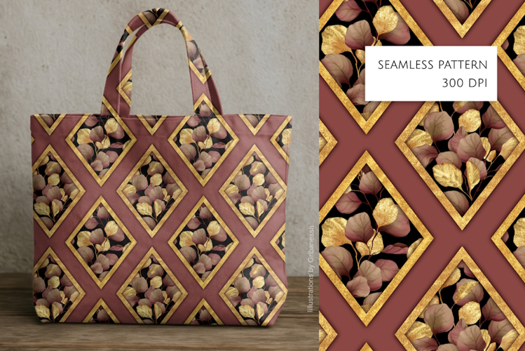 Elegant Gold Eucalyptus Diamond Seamless Pattern