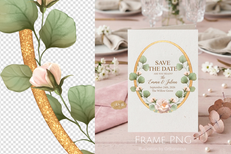 Elegant Gold Glitter Oval Floral Frame PNG