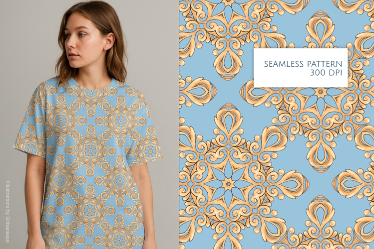 Elegant Hand-Drawn Gold Damask on Blue Seamless Pattern
