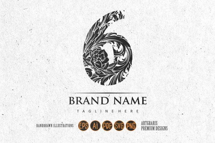 Elegant nostalgia engraved floral monogram number 6 silhouet