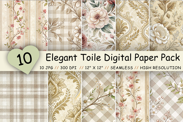 Elegant Toile Digital Paper Pack, Vintage Floral Toile